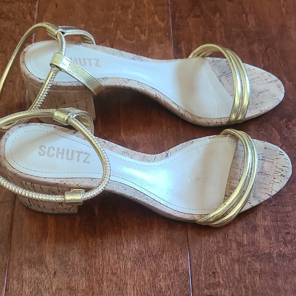 SCHUTZ Gold Strappy Sandals with Ankle Strap